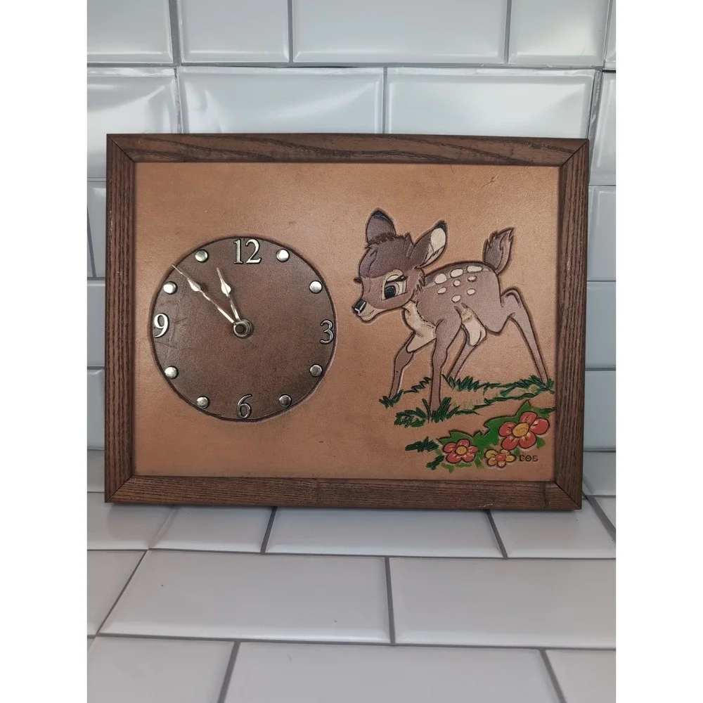 Vintage Hobbyist Clock Disney Bambi Wall Clock Framed Hand Tooled Leather By BoB